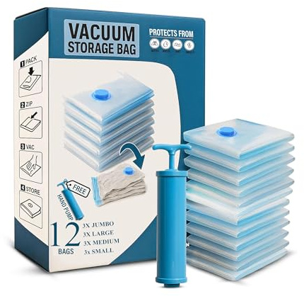 Vacuum Storage Bags for Clothes & Bedding – Reusable Space Saver Bags with Hand Pump – Airtight Travel & Home Storage Solution (12 Pack Combo + Pump)