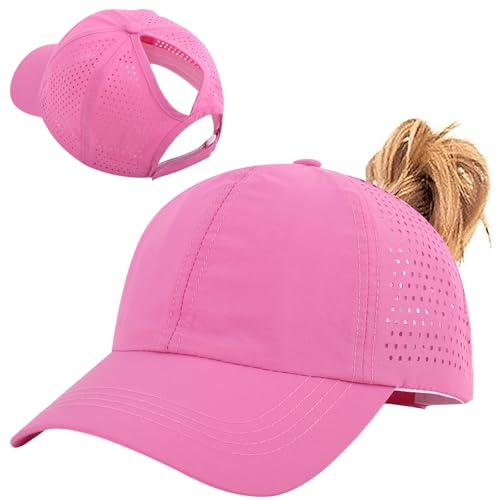 Enwokran Gorra de Béisbol Cola de Caballo para Mujer, Ponycap Ajustable Malla Transpirable Secado Rápido Impermeable Deportes al Aire Libre Gorro (Rojo Rosa)