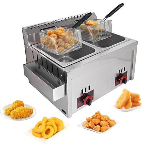 Friggitrice commerciale Fat - 2X10L in acciaio inox GPL a gas con cestello e coperchio per cucina domestica o ristorante - Ideale per patatine fritte e altri cibi fritti