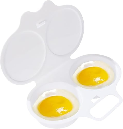 1 pz Bianco Forno a microonde Cuociuova in camicia, 2 cavità antiaderente uova in camicia Maker con coperchio, cottura uova in camicia forno a microonde, doppio scarico portauova in camicia, pentole