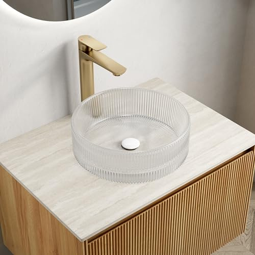 Lavabo da appoggio rotondo in vetro di cristallo, parete esterna scanalata, elegante lavabo sul lavandino del bagno, superficie facile da pulire, si consiglia di scaricare senza troppopieno