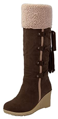 Stivali Donna Invernali Alti Sopra Il Ginocchio Camoscio Morbido Collo In Pelo Fluffy Fibbie Laterali Con Cordoncini E Frange Tacco A Cuneo Caldo E Antiscivolo Stivali Cowboy Vintage Eleganti