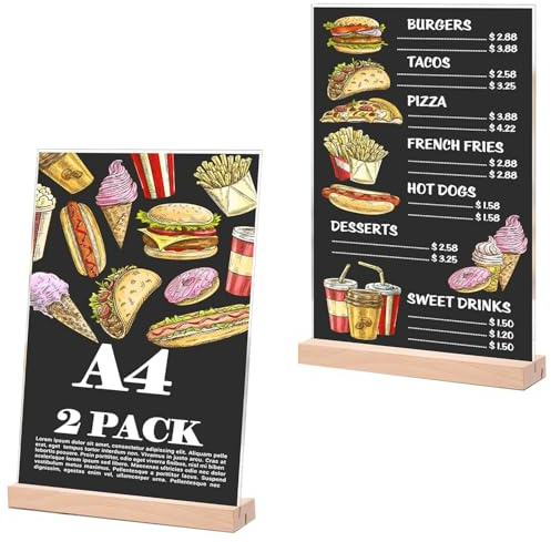 HSDLEWJ A4 Tischaufsteller, 2 Stück Acryl Tischständer mit Holzfuß, Acryl Fotoaufsteller Werbeaufsteller Display, Doppelseitiger Displayständer für Preisschilder, für Restaurants, Cafés, Büros