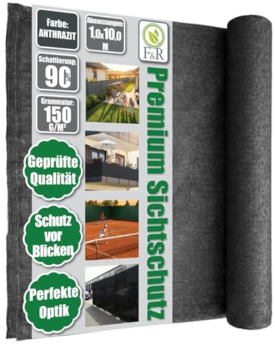 F & R Sichtschutz Garten Zaunblende I Schattiernetz Anthrazit PE 1 x 10 m 150 g/m² I Sichtschutzmatte für Zaun & Garten, UV-stabil, wetterfest