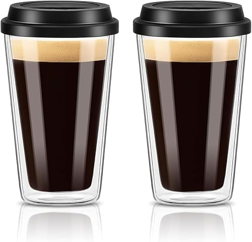 Tel Charme * 2 Pack 350ml Double Walled Insulated Iced Coffee Glass with Silicone Lids, Iced Coffee Cups, Espresso Cups, Tea, Latte, Coffee Glasses, Travel Mugs, Heat Resistant