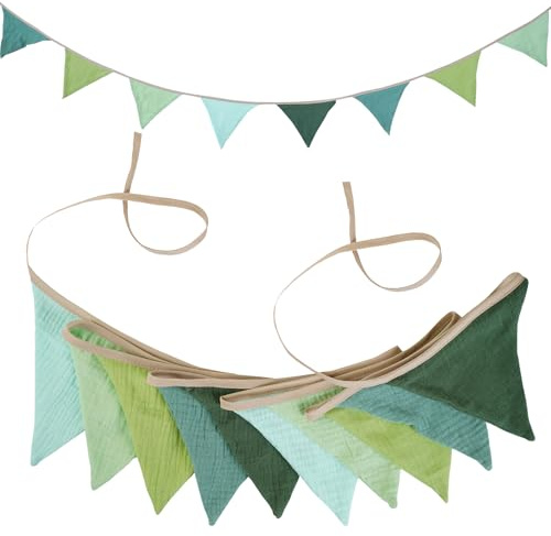 Guirnalda de Banderines de Tela 2.6m, Banderines Decorativos Reutilizables Guirnalda Triangulares de Algodón Lavable para Decoración Habitación Bebé Niños Fiestas y Bautizos (Verde)