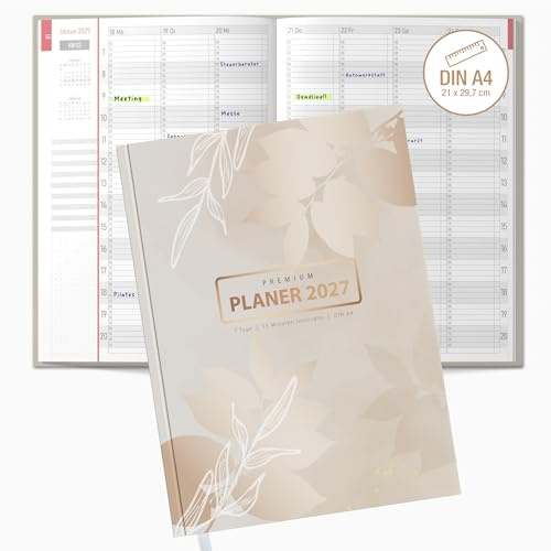 TOBJA® Praxisplaner 2027 A4 Bloom Premium Hardcover – Terminplaner mit 15-Min-Takt 7-21 Uhr, Layflat, Mitarbeiter-Urlaubsplanung, FSC – für Kosmetikstudio, Beauty Salon, Spa & Wellness