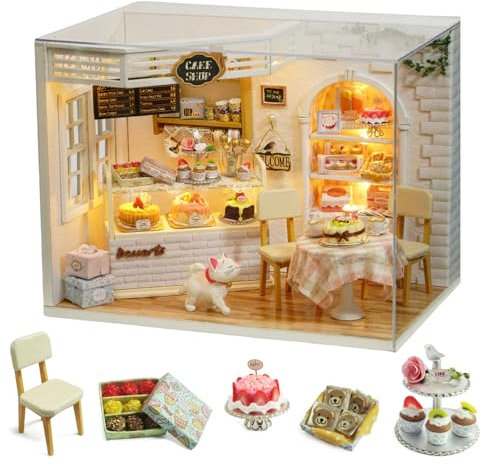 Casa de Muñecas de Madera 3D - Kit DIY de Manualidades en Miniatura con Muebles, Cubierta Antipolvo y Accesorios - Estilo Diario de Pasteles - Juguete Educativo y Creativo para Niños