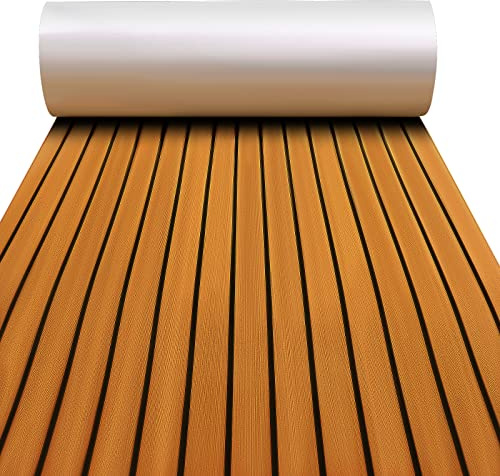 TOOGOU Schiuma Eva Tappetino Marino Barche in Teak Sintetico (240cm × 90cm), Tappetino Antiscivolo in Eva Adatto per la Decorazione di Barche, Marittimi, Kayak (Marrone con Strisce Nero)