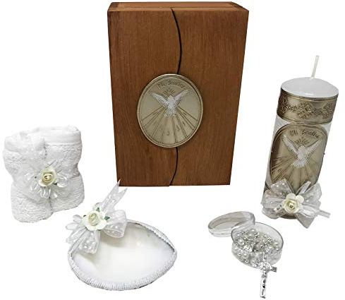 Arcangeles Mexicanos Catholic Baptism Candle Set in a Wooden Box with Towel, Candle, Rosary and Shell for Baby Boys and Girls. Handmade in Mexico