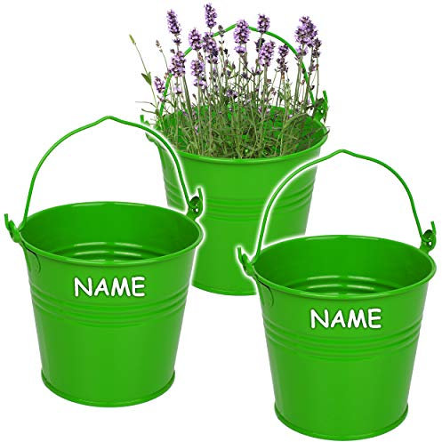 Kleiner - Metalleimer/Blumentopf - grün - inkl. Name - 15 cm hoch - 2 Liter - Metall rostfrei - Blech Eimer - rund - mit 3-D Effekt Rillen Prägung - mit Hen..
