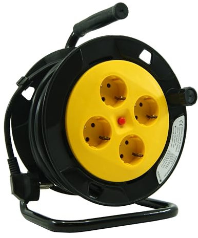 KOBAN KEC-15 Enrollacables con Cable de 15 Metros y 4 Enchufes con Protección por Sobrecarga. Alargador de Cable Eléctrico con 4 Tomas Schuko y Asa con Protección IP20 Adecuado para Exteriores.