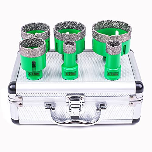 Diamantbohrer Fliesenbohrer Set M14 Gewinde 20/25/42/50/55/68 mm Diamantlochsäge Diamantbohrer Set 6 Stück Verpackt in Aluminiumbox Geeignet für Keramikfliesen Porzellan Fliese Granit Marmor