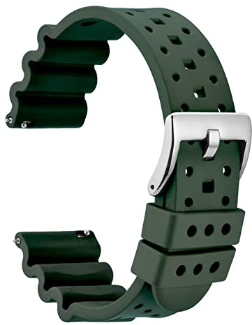 WOCCI 22mm Belüftete FKM Gummi Uhrenarmband für Herren (Nicht Silikon), Schnellverschluss Armband, Silberner Schnalle (Armee Grün)