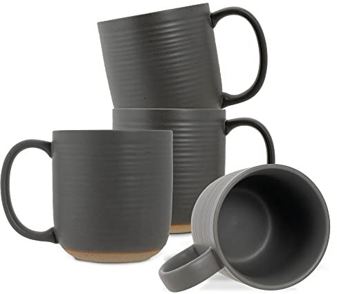 Elanze Designs Ribbed Ceramic Stoneware 13 ounce Raw Clay Bottom Coffee Mugs Set of 4, Grey