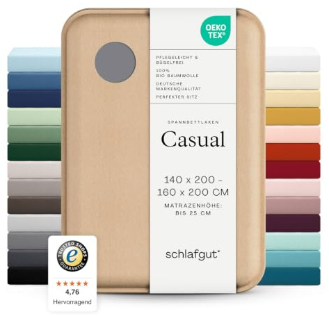schlafgut Casual Spannbettlaken 140x200 cm 100% Bio-Baumwolle, Grey Mid | Bettlaken, Spannbetttuch 160x200 cm, Grau, Jersey, Sommer, 150 g/m², bis 25 cm Steg, Made in Green
