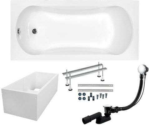 BADLAND Badewanne Original Weiß Acryl Wanne Rechteck ARIA 150x70 KOMPLETTSET SET mit Premium Wannenträger + Füßen und Exklusive Chrom Automatik Ablaufgarnitur Made in EU 4in1