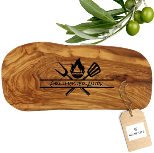 HOFMEISTER® Schneidebrett Olivenholz personalisiert mit Gravur – Holzbrett mit Wunschtext, klingenschonend – Geschenk zu Hochzeit, Einzug und Weihnachten, Handarbeit – 40 x 18,5 x 1,5 cm (1 Stück)
