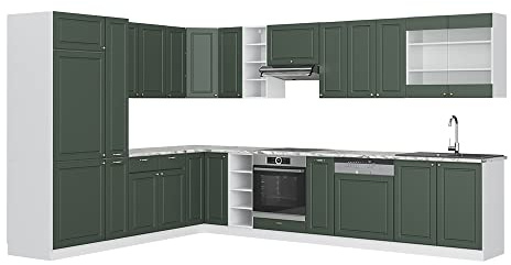 Vicco Eckküche Fame-Line, Grün-Gold Landhaus/Weiß, 347 x 257 cm | 16 Module · Höhenverstellbare Füße · Ohne Arbeitsplatte · MDF-Fronten · Softclose · Metallgriffe