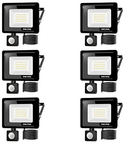 6 x LED Spotlight with Motion Sensor Outdoor 30 W, 3000 LM LED Spotlight Outdoor with Motion Sensor IP66 Spotlight LED Outdoor Spotlight Motion Sensor Cold White 6000 K Outdoor Spotlight LED