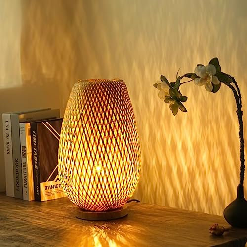 GUANSHAN Bamboo Woven Table Lamp Bamboo Lampshade Table Lighting Decorative Table Lighting Night Light for Bedroom, Living Room, Dimmable Switch, Style 2