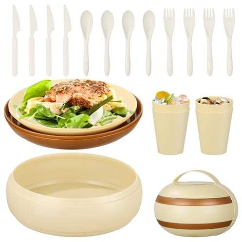 Yitriden Set di stoviglie da campeggio, 21 pezzi, in plastica, per 4 persone, accessori da campeggio, con piatto, ciabattino, bicchiere, set di posate
