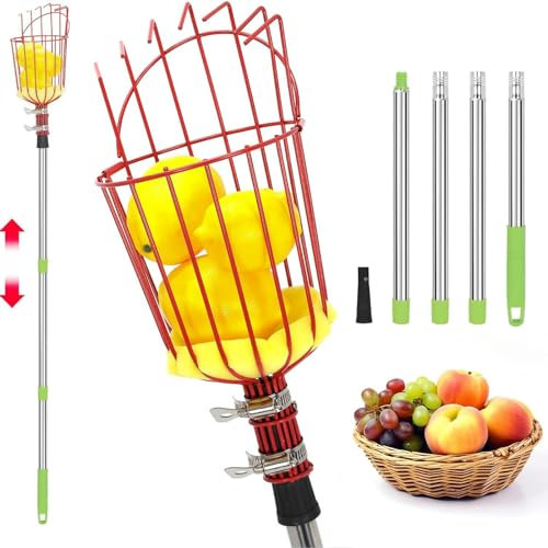 Obstpflücker, Apfelpflücker (1,6 m, 2,4 m, 3,2 m, 4 m), mit Leichter Verbindungsstange aus Edelstahl + Korb, einfach zu montierender Obstclip, für Orange und Zitrone, 3,2