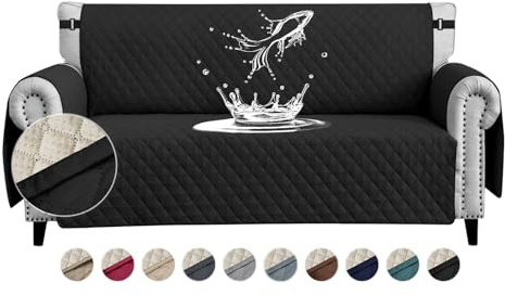 FIGOOO wasserdichte Sofabezug 4 Sitzer Dicke Sofaschoner Wasserdicht Gesteppte Sofa Überzug mit Seitentaschen Sofaüberwurf rutschfest Kratzfest für Haustiere Hunde Katzen,Schwarz