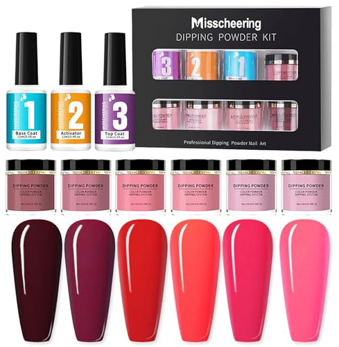 Kit de Polvo de Inmersión de Uñas, RoseFlower Juego de Iniciación en polvo para uñas 6 Colores Nude, polvo de Inmersión Rojo Purpura, Kit Manicura Francesa con Capa Base, Capa Top