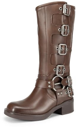 DREAM PAIRS Women's Knee High Biker Moto Boots,Tan,8