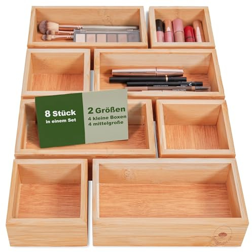 DeinKaufladen.com 8er Set Aufbewahrungsbox Holz Organizer – praktische und flexible Bambus Box - Schubladen Box Sortierbox Sortierkasten Kosmetik Aufbewahrung Ordnungsbox Holzboxen Holzkasten