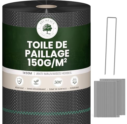Unkrautvlies, 150 g/m², sehr dick, mit 100 Clips aus Mulch, gegen Unkrautvlies, 50 m x 1 m (50 m²), für Terrassen und Einfahrten, schwarze Landwirtschaft, 150 g + 100 Befestigungsheringe