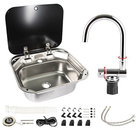 Fregadero Camper, Fregadero Cocina, Lavabo de Mano de Acero Inoxidable, Fregadero para Exteriores con Grifo Plegado y Tapa de Vidrio Templado