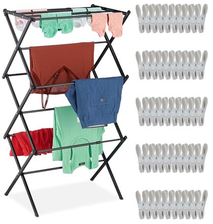 Relaxdays Wäscheständer klappbar, ausziehbar, 11 Stangen, 6 Ebenen, Turmwäscheständer, Metall Wäscheständerturm, schwarz