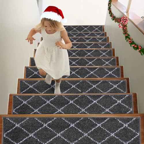 BEQHAUSE Treppenstufen Matten, 15 Stück Treppenteppich, 22 * 70cm Stufenmatten Selbstklebend 100% Polyester TPE-Rücken, Geeignet für alle Arten von Treppen, Wiederverwendbar, Dunkelgrau