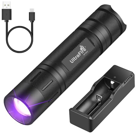 ULTRAFIRE 395-405nm UV Flashlight, Ultraviolet Flashlight Rechargeable Black Light, UV Torch for Resin Curing, Leak Detector, Pet Stains, Spot Scorpions and Fly Tying SP10UV