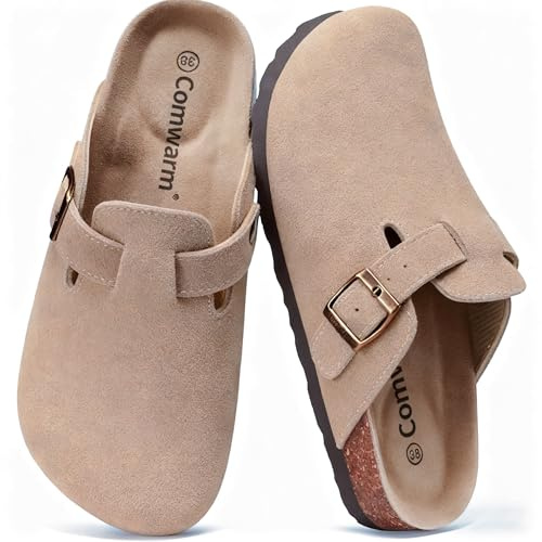 Comwarm Unisex clogs mocka för kvinnor av läder, halkfria pantoletter med premium fotbädd..