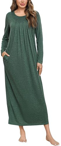 Leversic Chemise de Nuit Femme Longue Chemise de Nuit Hiver Chemise de Nuit Coton Femme Robe de Nuit Femme Nuisette Femme Manches Longues Vert Foncé L
