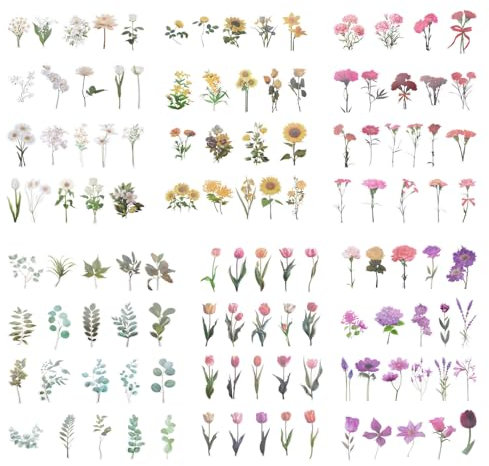FASHEWELRY 6 Sets Vintage Floral Flower PET Wasserdichte Aufkleber Selbstklebende Abziehbilder für DIY Scrapbooking Fotoalbum Handyhülle Dekoration Aufkleber