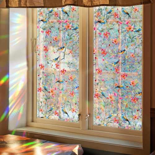 GORGECRAFT 100 x 43 cm fågel på träd regnbåge fönster insynsskyddsfilm solblockerande fönster fästande färgat fönster glas dekorativt 3D statisk UV-resistent solfångare fönsterskydd dekaler