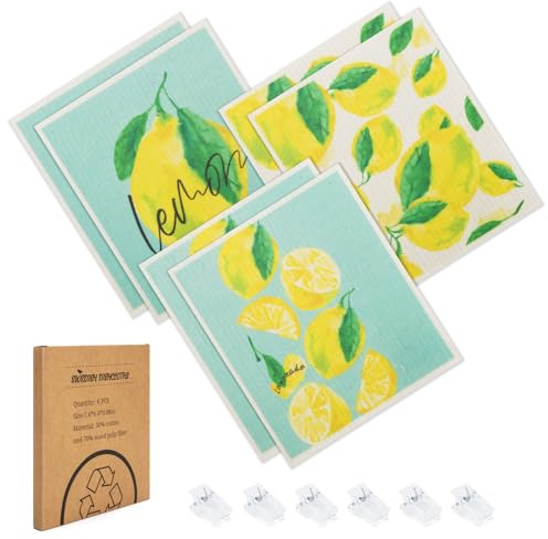 Winknowl Swedish Dishcloths for Kitchen, 6 Pack Lemon Swedish Dish Towels with Clips, Reusable Paper Towels Washable Non-Scratch Super Absorbent Cellulose Sponge Cloths, Biodegradable No Odor