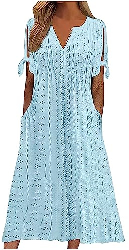 KUIH Summer Dresses for Women UK Loose Casual Maxi Dress Short Sleeve V Neck Tunic Flowy Pleated Beach Sundress Plus Size Ladies Boho Dress Holiday Essentials A Line Bridesmaid Dresses