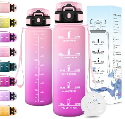 Motswedi Gourde Sport, 1000ml Anti Fuite, Gourde 1l, Réutilisable, Bouteille d'eau, sans BPA, Bouteille Reutilisable, pour Adulte, Randonnée, l'école, Fitness, Yoga, Rose Clair & Rose Rouge