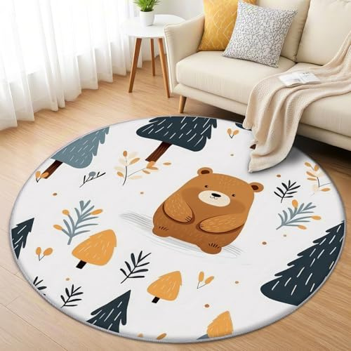 AevuCub Bär Teppich Rund 120cm Kurzflor - Waschbare Teppiche Wohnzimmer Süße Waldtiere - Runder Teppich 120 Durchmesser Kinderzimmer - Bettvorleger Schlafzimmer rutschfest Weich