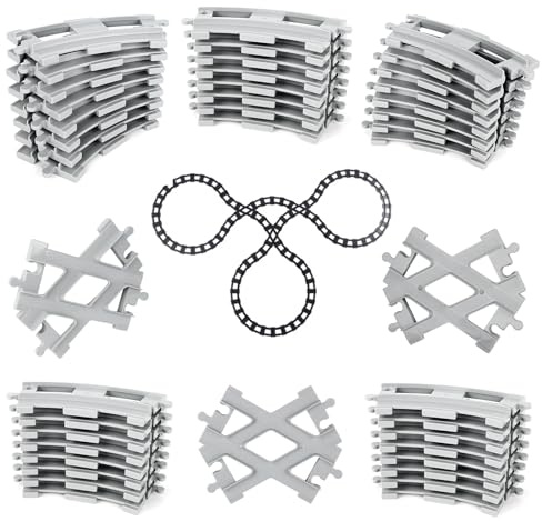 Binari di Città, 43 Pezzi Set di Binari per Trenino di Città, Binari Modulari 40 Curve + 3 Deviatoi, Per Blocchi da Costruzione, Regalo e Set di Espansione