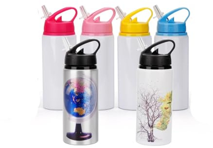 10 Stück 600 ml Sublimationsdruck blanko Sport Aluminium Wasserflasche tragbar Outdoor Reise Fahrrad Flasche Becher mit Laptop Farbdeckel für DIY Wärmeübertragungsdruck