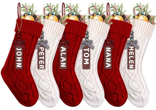 JOLCEEY 6pcs Christmas Stockings, 18 Inch Large Knit Christmas Stockings Personalized Xmas Hanging Stocking Decorations with Name Tags for Christmas Fireplace Tree Decorations