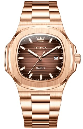 OLEVS Relojes para Hombre Dial Grande Analógico Cuarzo Oro Rosa Correa de Acero Inoxidable Resistente Agua Luminoso Reloj de Pulsera para Hombre Clásico Muñeca Grande con Fecha Esfera Marrón