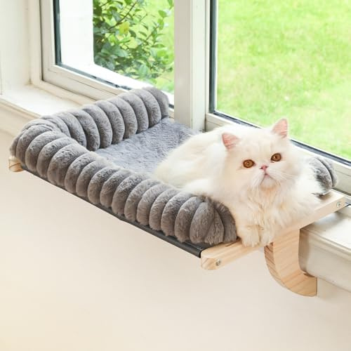 Valigogo Cloud-Soft Cat Window Sill Perch with Zipper Designed Cushioned Bed, Supportive Cat Window Seat with Premium Solid Wood & Sturdy Metal Frame, Pet Hammock Bed for Large Cats (Medium, Gray)