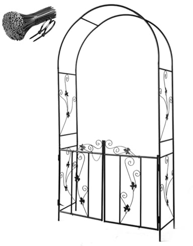 Treillis d'arche de jardin en fer noir avec portail, 1,1 m de large x 2,1 m de haut, pergola décorative pour pelouse et terrasse, design blanc élégant